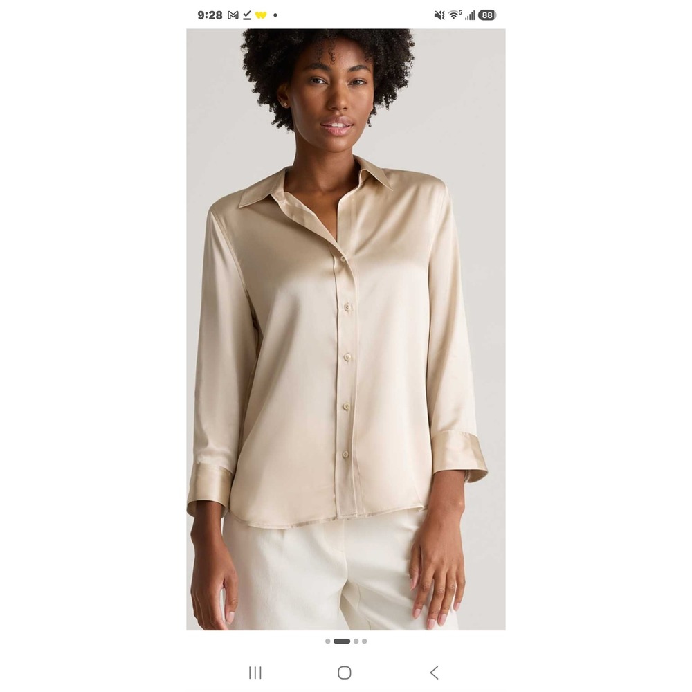 Quince Washable Silk 3/4 Sleeve Shirt Champagne Beige Large NWT Luxury Blouse